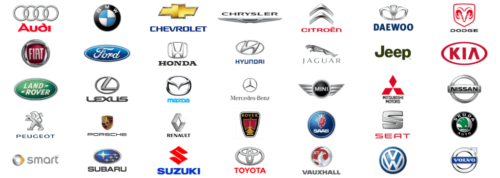 Audi, BMW, Chevrolet, Chrysler, Citroën, Daewoo, Dodge, Fiat, Ford, Honda, Hyundai, Jaguar, Jeep, Kia, Land, Rover, Lexus, Mazda, Mercedes-Benz, Mini, Mitsubishi, Motors, Nissan, Peugeot, Porsche, Renault, Rover, Saab, Seat, Skoda Auto, Smart, Subaru, Suzuki, Vauxhall, Volkswagen, Volvo